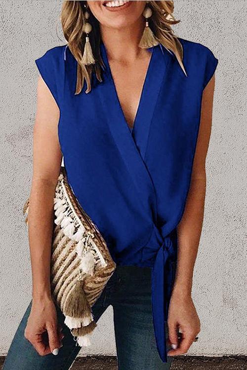 Heididress Solid V Neck Tie Waist Wrapped Top