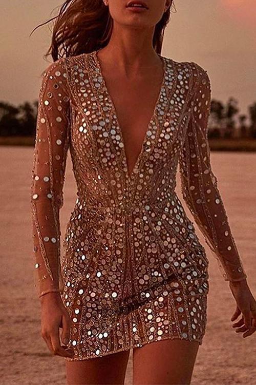 Heididress Deep V Neck Mesh Sleeve Mini Sequin Club Dress