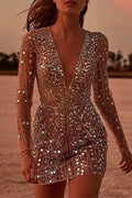 Heididress Deep V Neck Mesh Sleeve Mini Sequin Club Dress