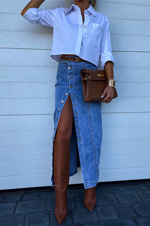 Heididress High Rise Button Down Slit Denim Skirt