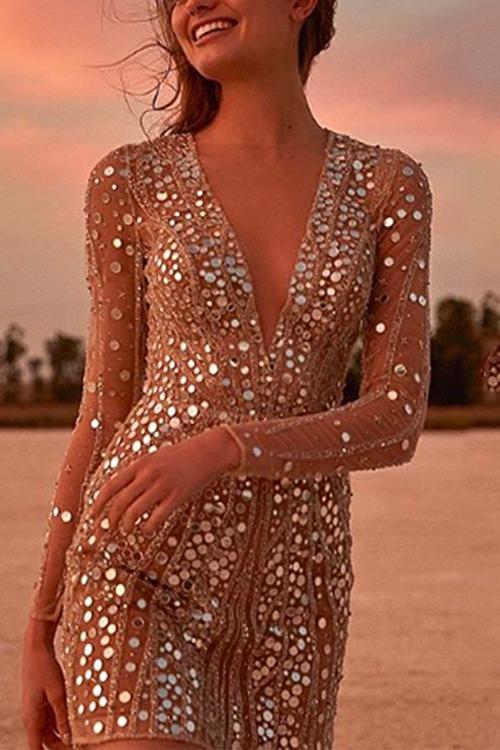 Heididress Deep V Neck Mesh Sleeve Mini Sequin Club Dress