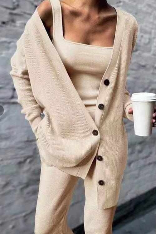 Heididress Wide Strapes Tank Top Button Down Cardigan and Long Pants 3 Pieces Loungewear Set