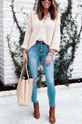 Heididress Buttons V Neck Side Split Waffle Knit Sweater