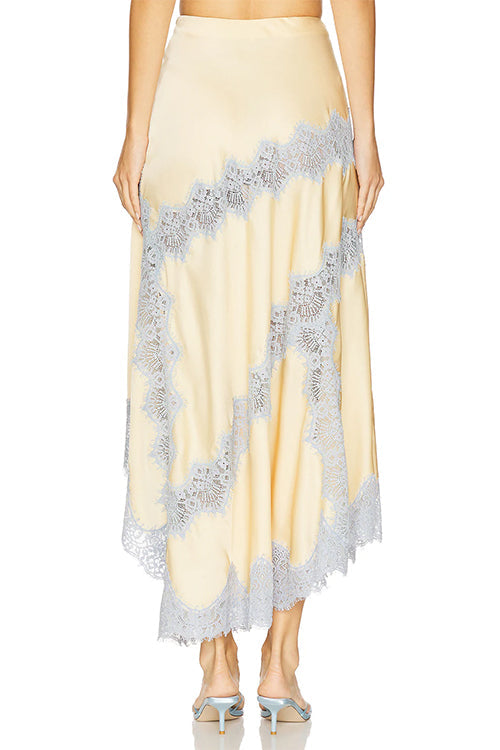 Heididress High Rise Color Block Lace Trim Satin Maxi Skirt