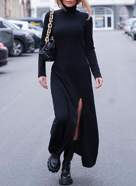 Heididress Turtleneck Long Sleeve High Split Maxi Dress