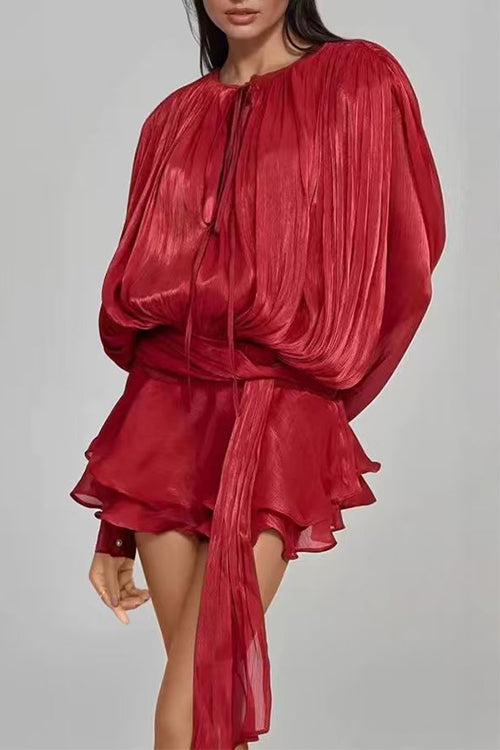 Heididress Lantern Long Sleeves Draped Ruffle Layered Mini Dress with Shorts