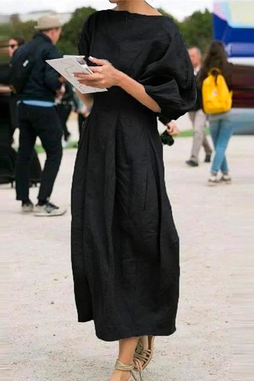 Heididress Lantern Sleeve Ruched Midi Cotton Linen Dress