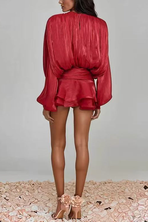 Heididress Lantern Long Sleeves Draped Ruffle Layered Mini Dress with Shorts