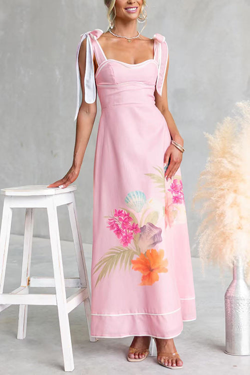 Bow Shoulder Sleeveless Floral Print Swing Maxi Dress