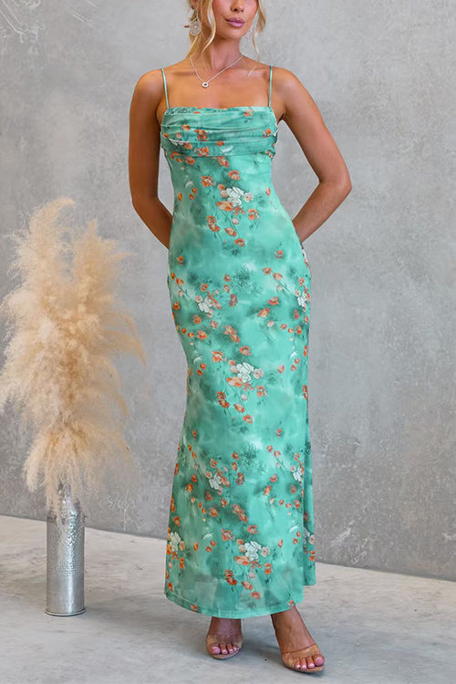 Adjustable Strap Floral Print Mesh Overlay Maxi Dress