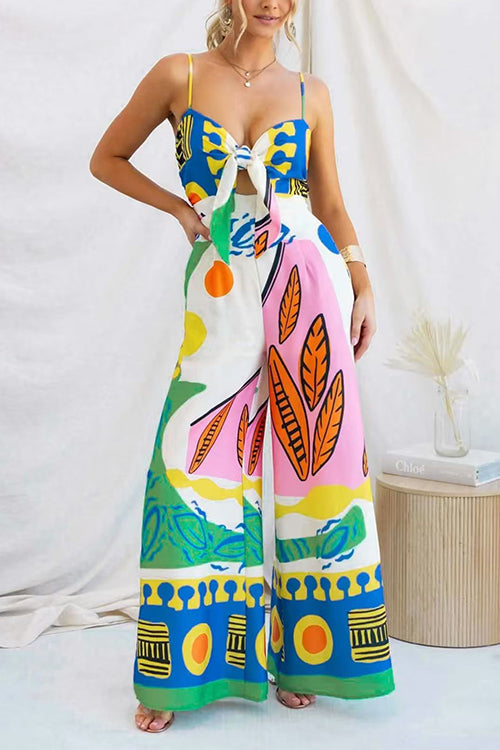 Heididress Spaghetti Strap Cut Out Unique Print Wide Leg Jumpsuit