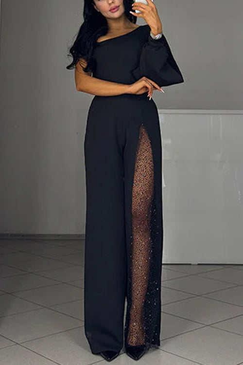 Heididress One Shoulder Long Sleeve Patchwork Wide Leg Jumpsuit