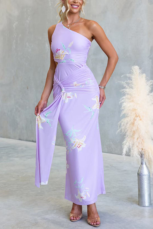 One Shoulder Cut Out Waist Floral Print Draped Maxi Dress
