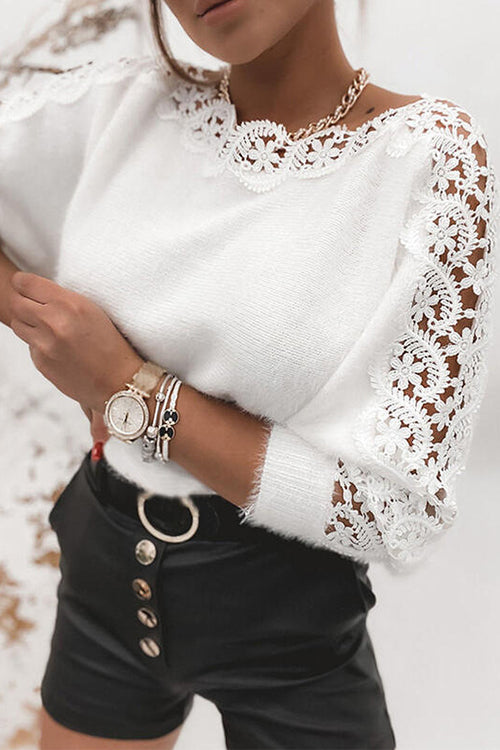 Heididress Hollow Out Lace Splice Long Sleeves Knit Top
