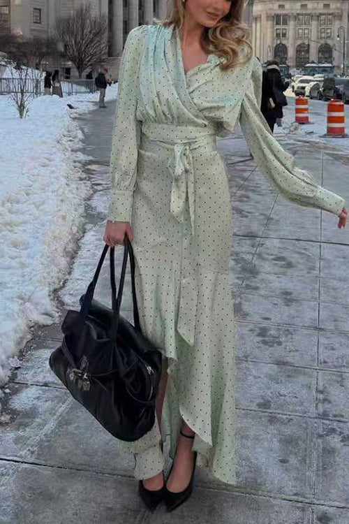 Polka Dot V Neck Puff Long Sleeves Top High Rise Ruffle Maxi Skirt Set