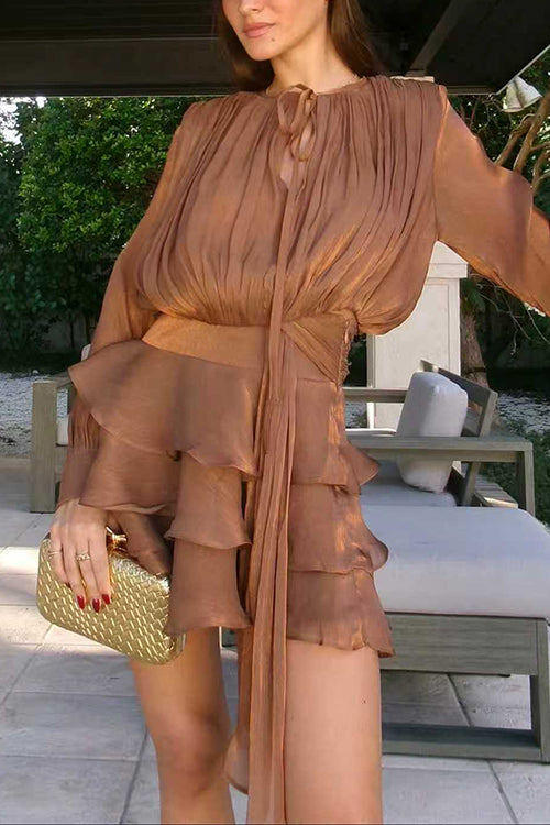 Heididress Lantern Long Sleeves Draped Ruffle Layered Mini Dress with Shorts
