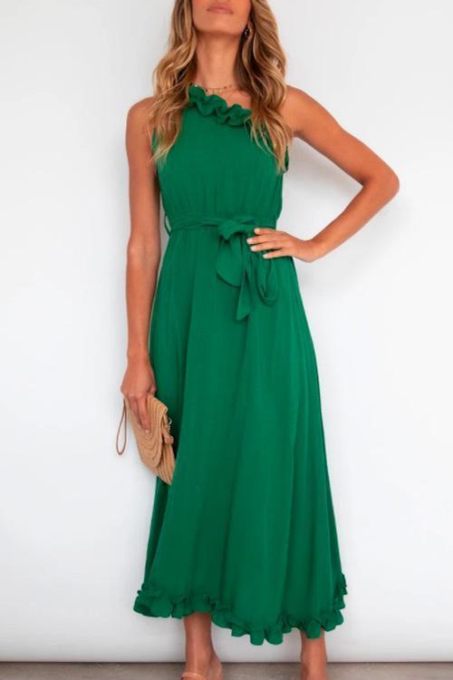 Heididress One Shoulder Sleeveless Tie Waist Ruffle Swing Dress