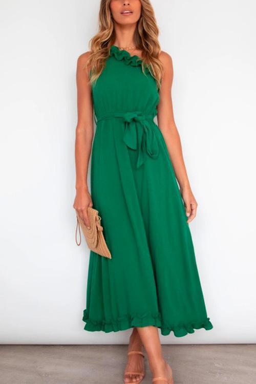 Heididress One Shoulder Sleeveless Tie Waist Ruffle Swing Dress