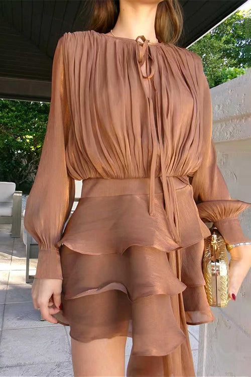 Heididress Lantern Long Sleeves Draped Ruffle Layered Mini Dress with Shorts