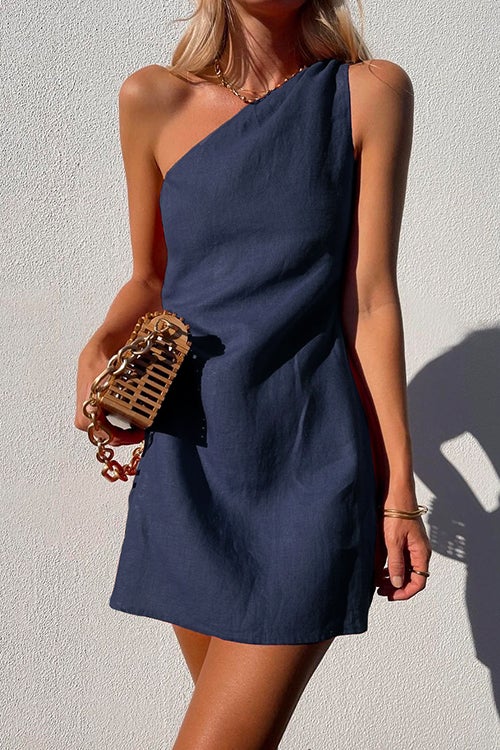 Heididress Sue One Shoulder Cotton Linen Mini Dress