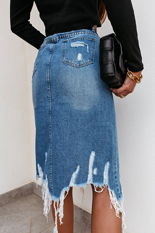 Heididress Irregular Frayed Hem Ribbed Denim Skirt