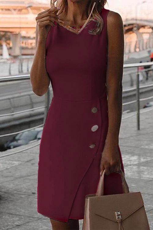 Heididress Crewneck Buttons Sleeveless Office Dress