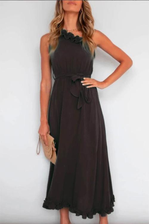 Heididress One Shoulder Sleeveless Tie Waist Ruffle Swing Dress