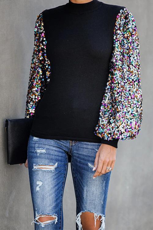 Heididress Creneck Sequin Lantern Sleeve Knitting Blouses