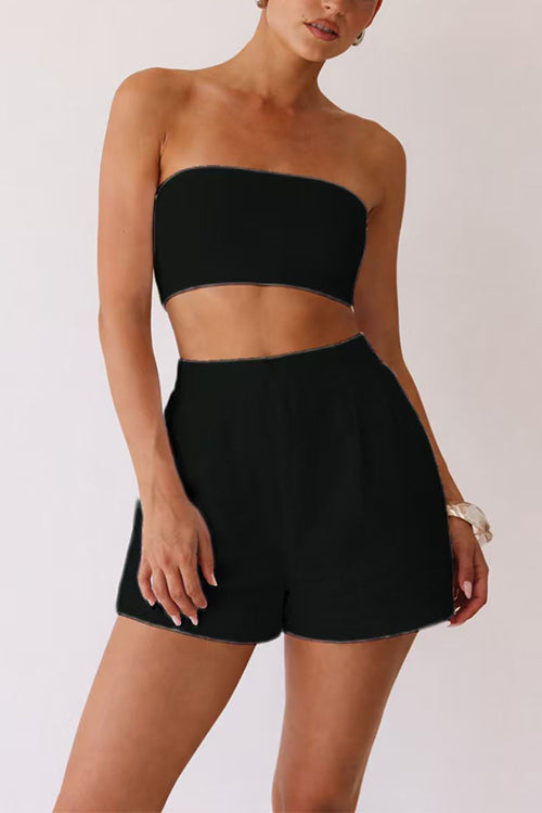 Minimalist Strapless Bandeau Top & High Waist Linen Shorts Set