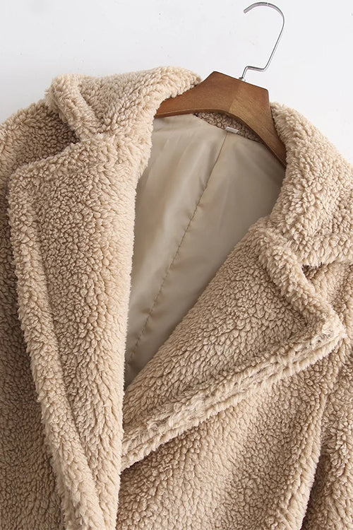 Heididress Notch Lapel Double Breasted Pocketed Fuzzy Fleece Coat