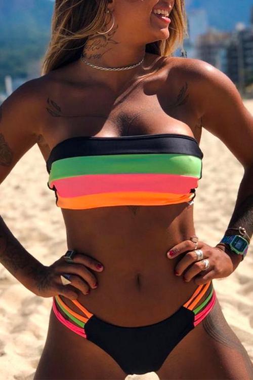 Heididress Rainbow Striped Tube Top Bandeau Bikini Set