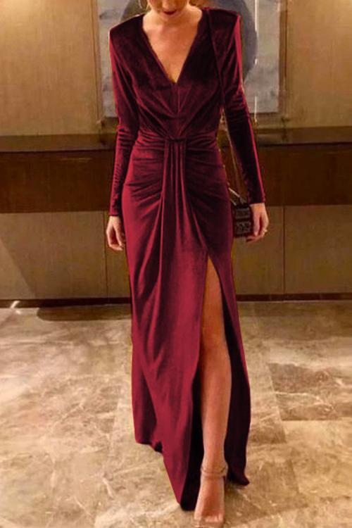 Heididress Deep V Neck Slit Ruched Velvet Party Dress(5 Colors Available)