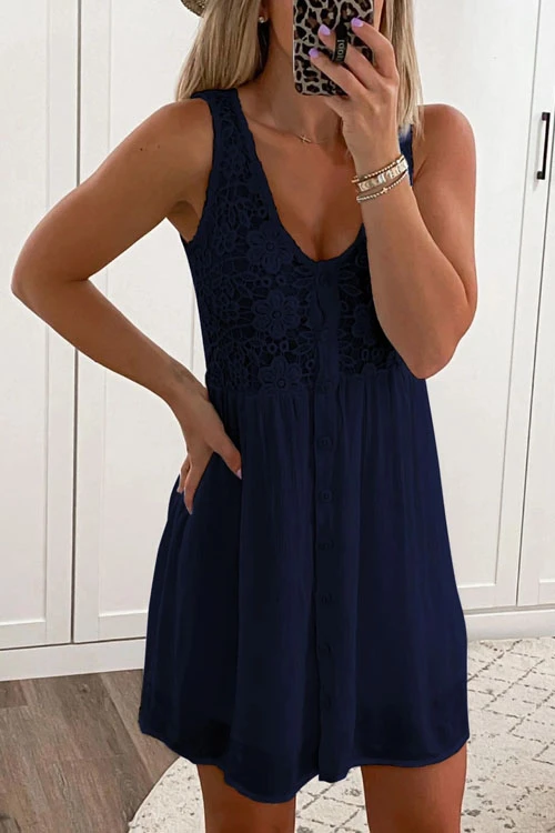 Heididress Lace Floral Buttons Swing Tank Dress