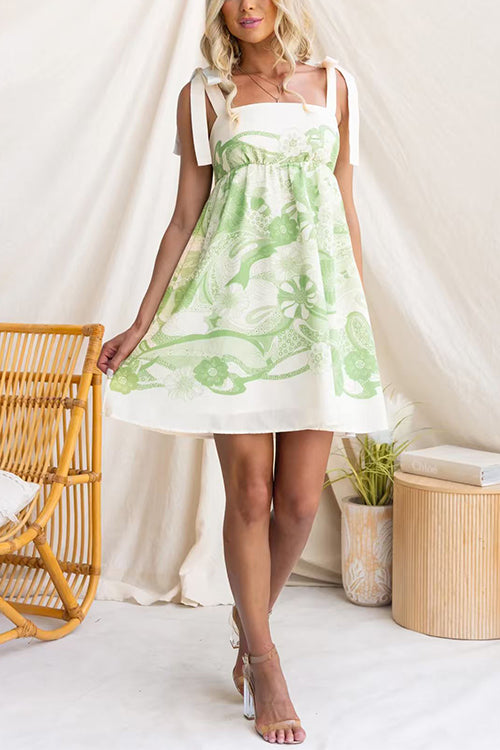 Heididress Bow Shoulder Sleeveless High Waist Floral Print Mini Dress