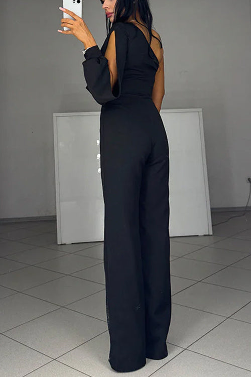 Heididress Stylish One Shoulder Slit Long Sleeve Mesh Splice Wide Leg Jumpsuit