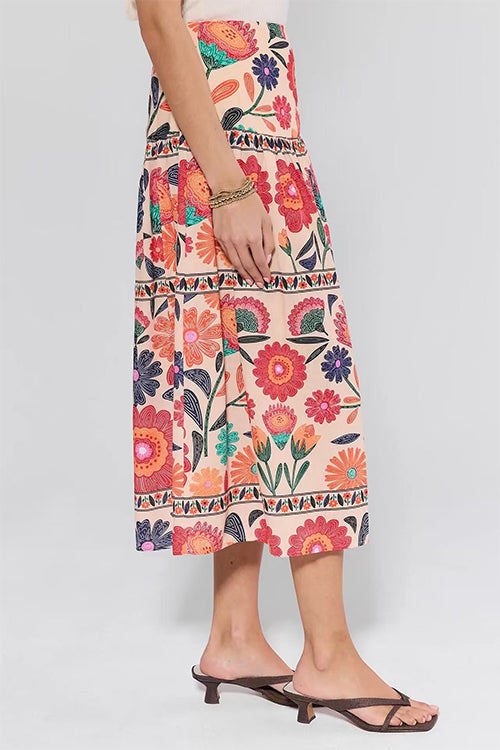 High Rise Floral Print Midi Skirt