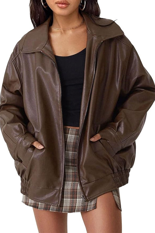 Heididress Lapel Zip Up Faux Leather Pocketed Jacket