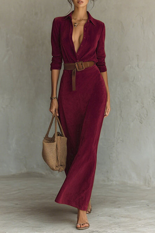 Heididress Long Sleeves Button Up Faux Suede Belted Maxi Dress