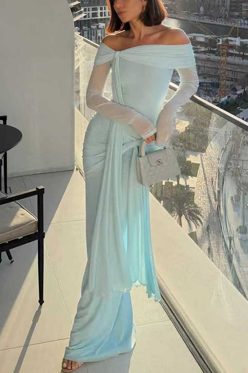 Heididress Off Shoulder Long Sleeves Knot Waist Draped Maxi Dress