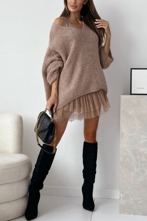 Heididress V Neck Drop Shoulder Slouchy Pullover Sweater