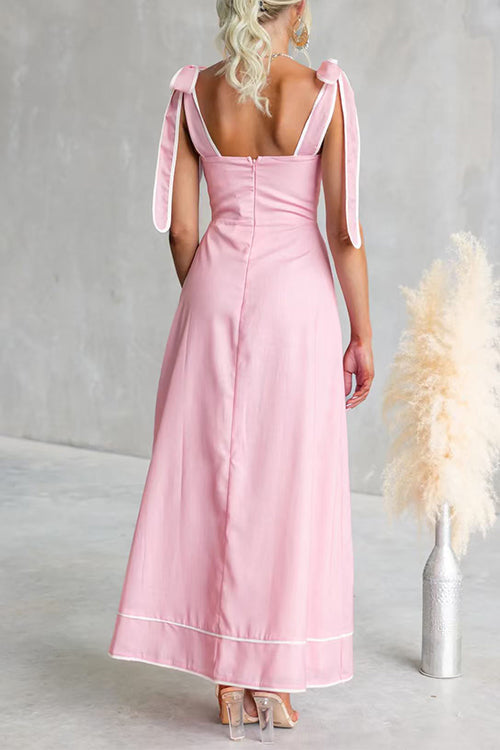 Bow Shoulder Sleeveless Floral Print Swing Maxi Dress