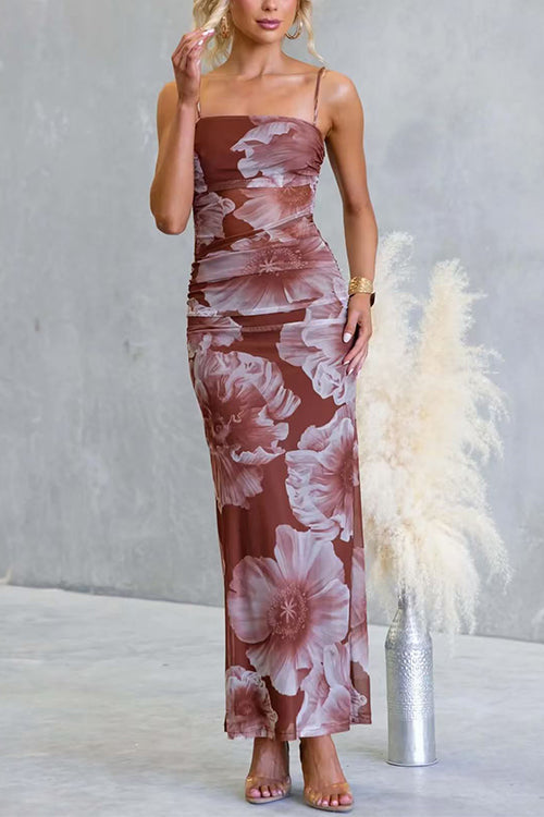 Spaghetti Strap Floral Print Mesh Overlay Maxi Dress