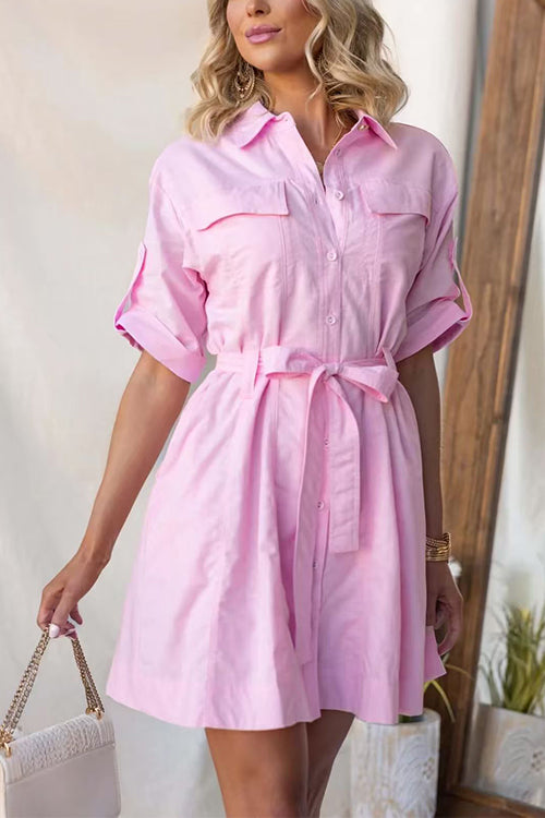 Rolled Up Sleeves Bow Waist Pocketed Mini Shift Dress