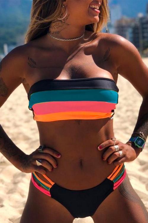 Heididress Rainbow Striped Tube Top Bandeau Bikini Set