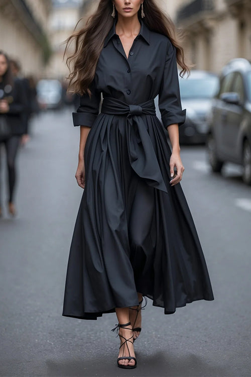 Heididress Lapel Long Sleeves Button Up Tie Waist Maxi Dress