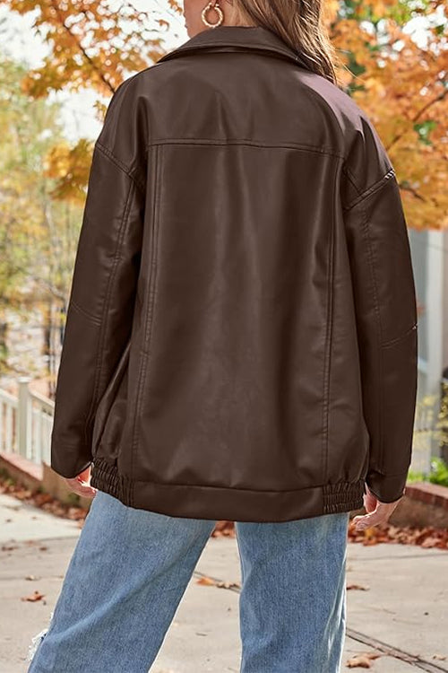 Heididress Lapel Zip Up Faux Leather Pocketed Jacket