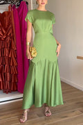 Crewneck Short Sleeves Back Cut Out Satin Maxi Dress