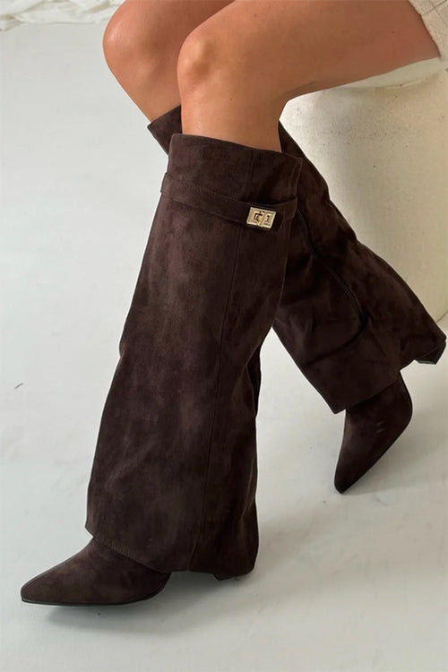 Heididress Pointed Toe Block Heel Fold Over High Boots
