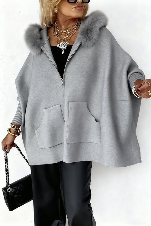 Heididress Dolman Sleeves Zipper Up Pocketed Jacket with Faux Fur Hood