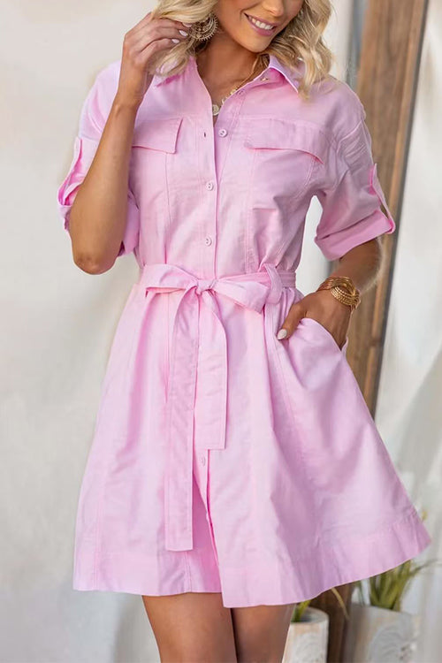 Rolled Up Sleeves Bow Waist Pocketed Mini Shift Dress